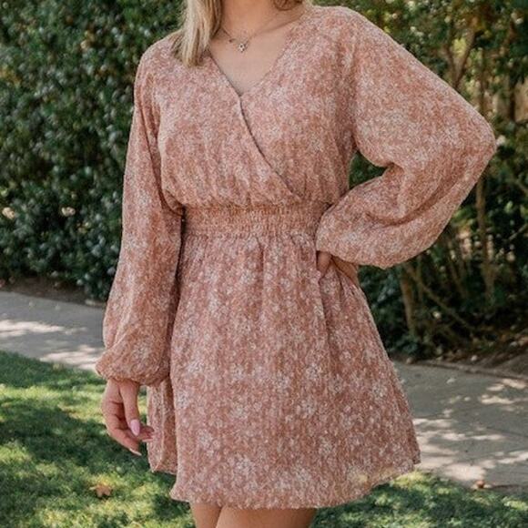 Rokoko by Dazz NWOT Boutique Pink Textured Floral Autumn Long Sleeve Mini Dress - Picture 1 of 9
